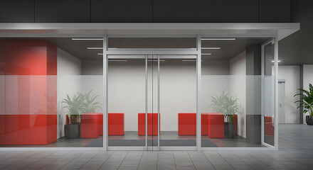 Modern Glass Entrance, Red Accents, Night