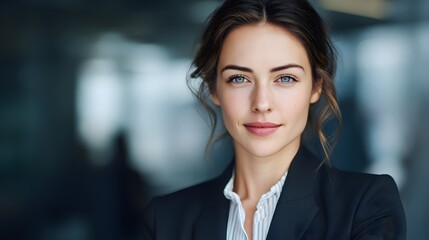 Obraz premium Confident business professional in formal attire captured in upper body composition with soft window light and blurred corporate office background, expressing leadership, trust, and career