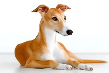 Obraz premium A beautiful greyhound dog resting elegantly on a white background, showcasing its sleek body and gentle expression, embodying grace and loyalty in a calm, serene pose.
