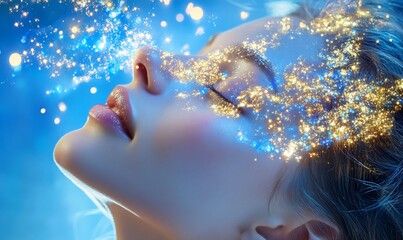 Fototapeta premium Woman's face bathed in ethereal light and glitter, eyes closed, dreamy expression