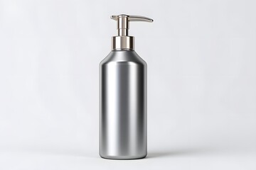 Obraz premium A sleek silver pump bottle with a clean design, perfect for storing lotions, soaps, or shampoos. Ideal for modern bathrooms or beauty routines, adding a touch of elegance.