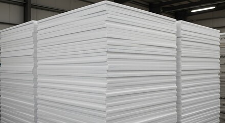 Stacks of Pristine White Insulation Boards: Industrial Strength and Clean Lines