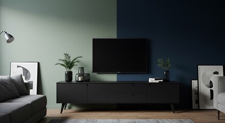 Serene Minimalist Living Room: Deep Teal and Sage Green Interior Design