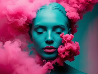 Fototapeta premium Conceptual image of a female face painted in cyan with expressive pink smoke swirls, symbolizing beauty, imagination, art, and emotional expression