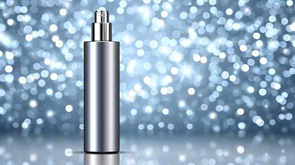 A sleek silver bottle stands against a shimmering blue background. Its modern design captures elegance and sophistication, ideal for presentations in advertising or branding.