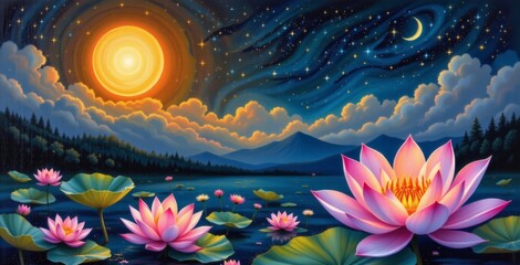 Obraz premium an oil painting of a serene vesak day night, with lotus flowers and a glowing grain texture sky.