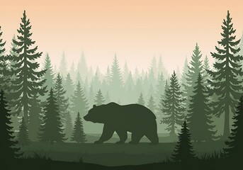 Forest Majesty: Silhouette Bear in Misty Pines
