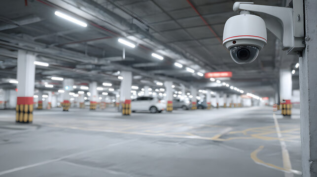 High-Security Surveillance Camera in Modern Underground Parking Garage