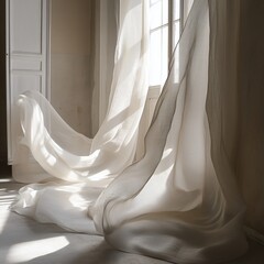 Airy drapes near an open window with sunbeam creating soft, light and shadow