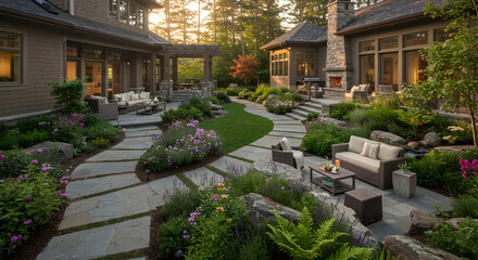 Fototapeta premium Inviting Outdoor Living Space With Manicured Gardens and Stone Pathway at Twilight