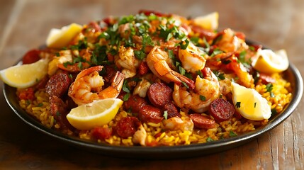 Paella with Shrimp, Sausage, and Lemon Wedges