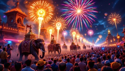 a digital art scene of thrissur pooram, with elephants, fireworks, and a vibrant grain texture overlay.