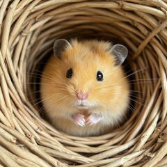 Hamster portrait in a basket on a white background