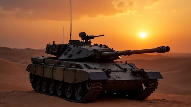 burned tank in the desert at sunset