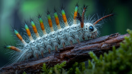 A macro photograph of a white fuzzy caterpillar with bright orange and green tubular structures along its back, crawling on a dark brown branch covered in bright green moss.