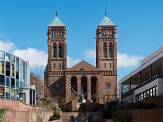 Historic Schlossbrunnen Fountain and Pirminius Church in Pirmasens