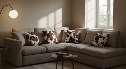 Beige sectional sofa with cow print cushions