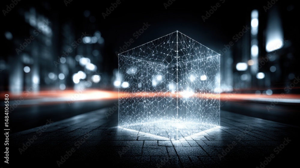 Poster illuminating cube emitting light representing blockchain technology in trade finance for secure glob