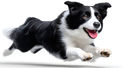 Fototapeta premium A lively black and white dog leaping joyfully. This energetic canine captures the essence of playfulness and companionship, showcasing its athleticism and vibrant spirit.