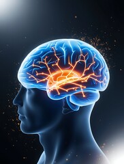 Obraz premium Glowing digital rendering of a human brain with neural connections lit up in a high-tech blue background, symbolizing intelligence, AI, and cognitive computing power 