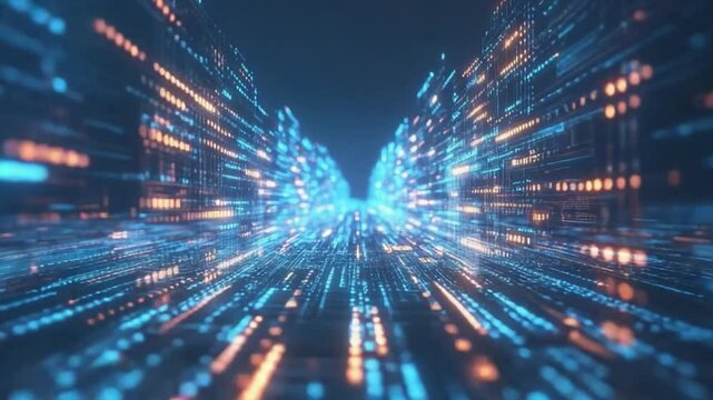 Digital Data Highway: An abstract representation of data streams zipping along a luminous network corridor, evoking a sense of speed and connectivity. 