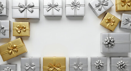 Gold & Silver Gift Boxes Frame, White Background