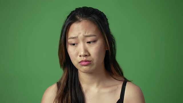 Showing Sadness Young Woman Feeling Down On Green Background