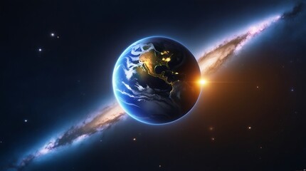 Glowing view of planet Earth floating in outer space with detailed continents, illuminated city lights, and a vibrant galaxy in the background showcasing cosmic beauty and science fiction

