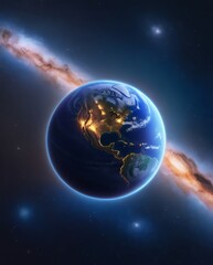 Fototapeta premium Glowing view of planet Earth floating in outer space with detailed continents, illuminated city lights, and a vibrant galaxy in the background showcasing cosmic beauty and science fiction 