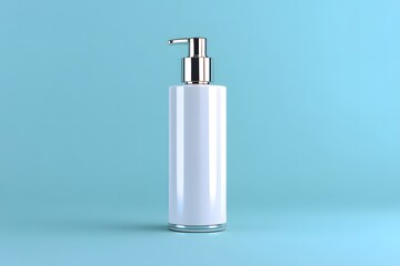 A sleek, minimalistic white pump bottle stands against a light blue background, perfect for showcasing skincare or beauty products in a modern style.