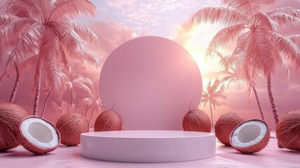 Pink Palm Trees Surround a Circular Product Display