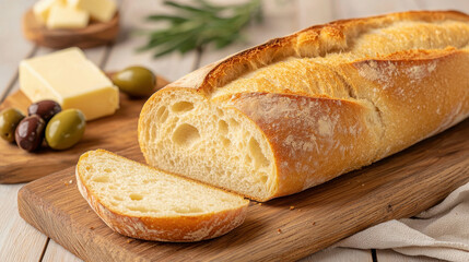 Fresh Baguette Loaf with Slices on Wooden Board and Assorted Cheese and Olives