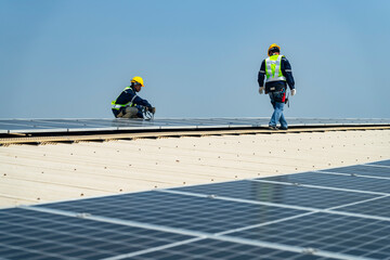 team of professionals installs solar panels, ensuring energy efficiency and sustainable development. The image represents green energy, eco-conscious solutions, and future solar power technology.