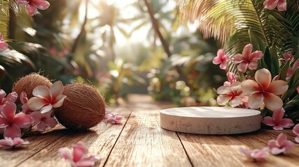 Tropical Paradise Display With Coconuts And Flowers