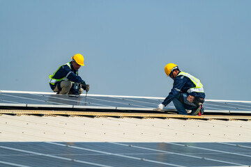 team of professionals installs solar panels, ensuring energy efficiency and sustainable development. The image represents green energy, eco-conscious solutions, and future solar power technology.