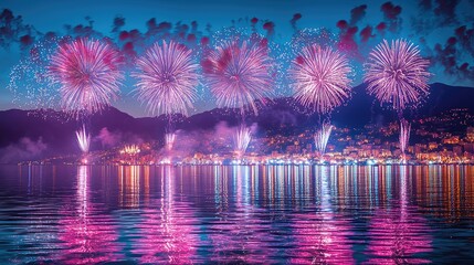 Nighttime Fireworks Display Over City Waterfront