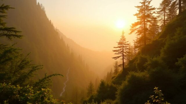green trees in canyon at sunset with fog