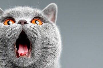 Amazed Gray Cat Close up  Pet Portrait  Studio Shot  Surprise  Fluffy Fur  Big Eyes  Open