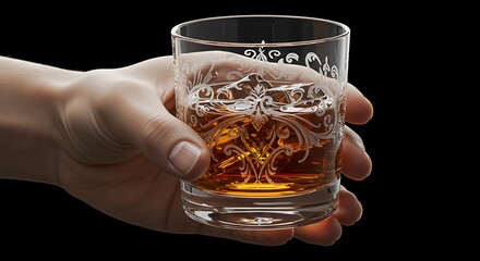 Hand Holding Engraved Glass of Amber Liquid: A Moment of Quiet Reflection