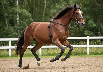 Obraz premium Chestnut Horse in Motion: Graceful Canter, Summer Pasture