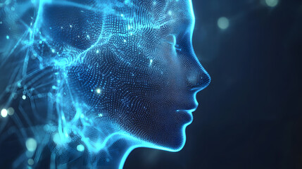 Fototapeta premium Futuristic AI Technology: Digital Human Face in Blue Light Network, Innovation in Artificial Intelligence