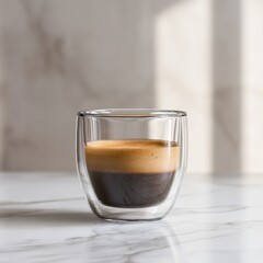 Double-walled glass holds a perfect espresso, crema artfully layered.  A moment of calm and warmth.