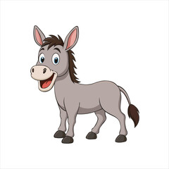 Cute cartoon donkey vector with a big smile, isolated on white. Funny farm animal illustration in grey, perfect for wildlife, zoo, or domestic character designs.