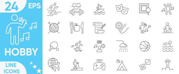 Hobby icon set.photography, acting, traveling, lifestyle, yoga, Traveling, hiking, yoga, dancing, cooking, fishing, making music and more.Vector and illustrator set.