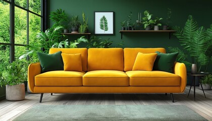 Vibrant Yellow Sofa in Modern Living Room with Biophilic Design and Plants