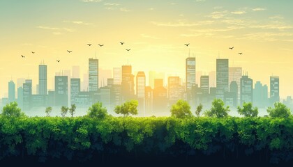 Green Cityscape at Dawn Eco-Friendly Urban Scene with Trees Skyline