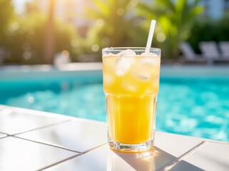 Refreshing Orange Juice Drink at the Poolside in Summer