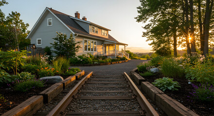 Naklejka premium Idyllic Countryside Residence with Lush Garden and Warm Sunset Glow