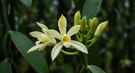 Obraz premium Vanilla Orchid Bloom: Delicate Beauty in Lush Green Foliage