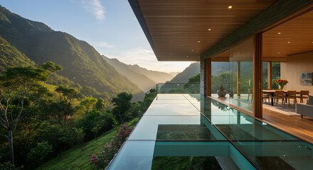 Fototapeta premium Modern Villa With Glass Floor Terrace Overlooking Mountain Valley at Sunset
